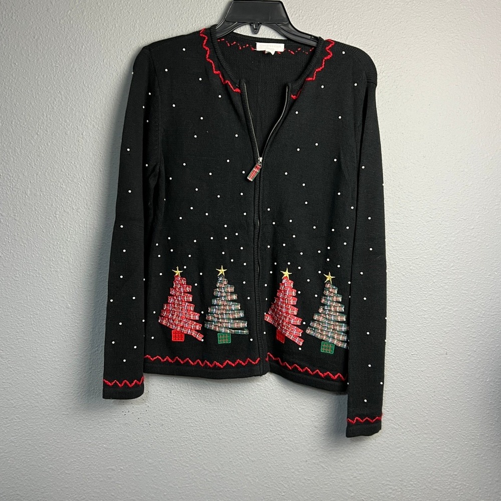 Charter Club PL Black Christmas Trees Holiday Festive Beaded Zip Up Sweater